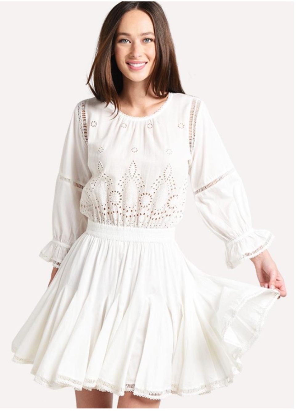 $387 MISA/Anthropologie "Lex" Broderie Anglaise Bell-Sleeve Mini Dress EUC/sz XS